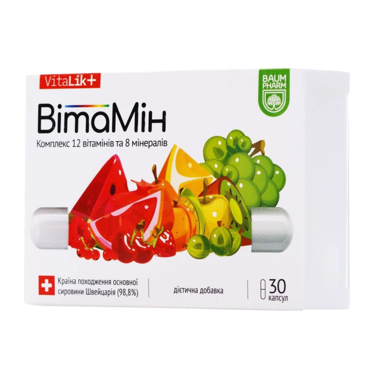 Комплекс 12 вітамінів та 8 мінералів ВітаМін Baum Pharm VitaLik+, 30 капсул